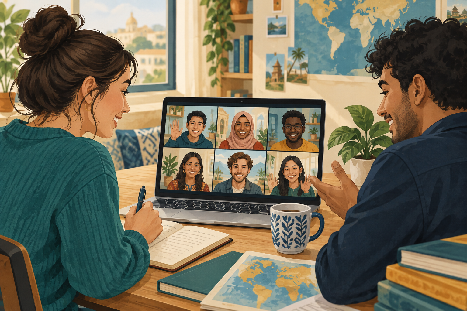 Illustration of young people connecting across cultures in an online learning session